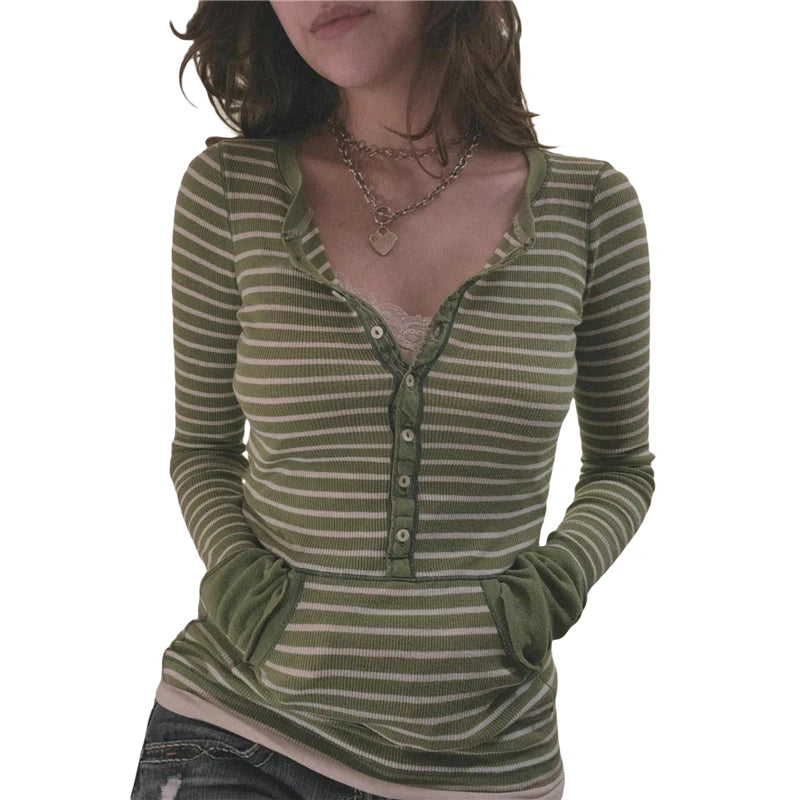 Stripe T Shirts for Women Button V Neck Long Sleeve Tops with Pocket y2k 2000s Fairy Grunge Clothes Vintage Streetwear