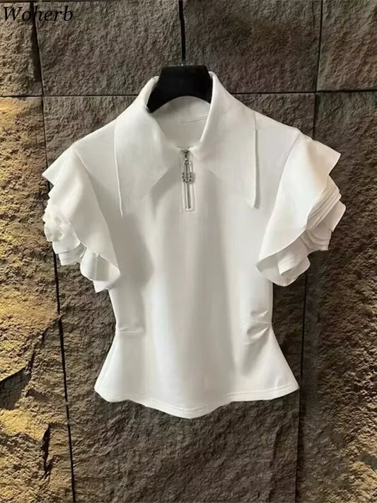 2025 Shirts for Women Ruffles Turn Down Collar Tshirt Fashion Temperament Party Zipper Y2K Tops Korean Summer White Pleated Tees