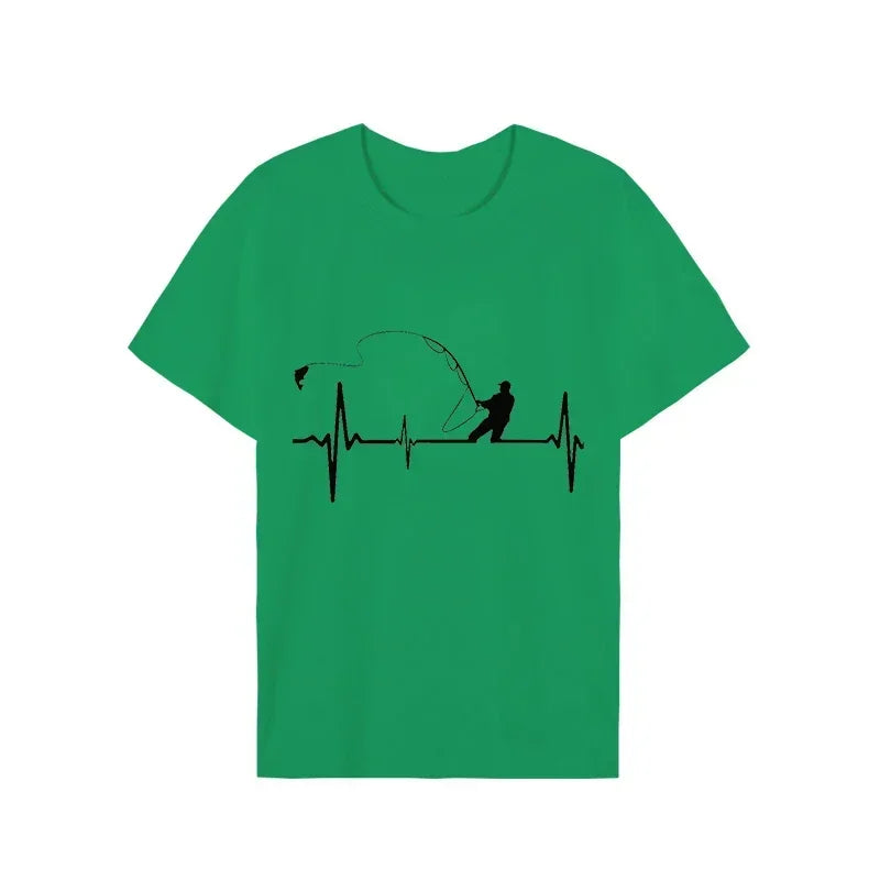 T-shirts for Men Fly Fishing Heartbeat Pulse Print Shirt Funny Short Sleeve T Shirts Summer Tops Tee Mens T Shirt Male Clothes