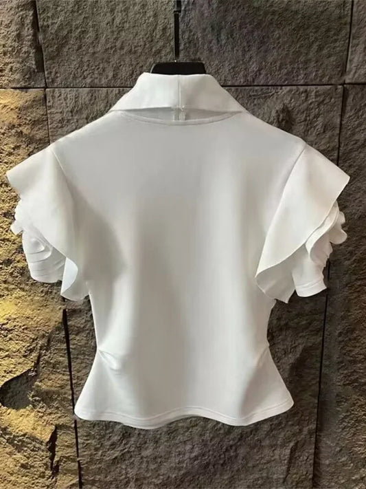 2025 Shirts for Women Ruffles Turn Down Collar Tshirt Fashion Temperament Party Zipper Y2K Tops Korean Summer White Pleated Tees