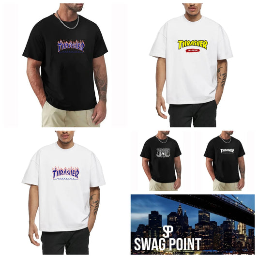 T-shirts for Men Personalized T-Thrashers Y2k Clothing High Quality Summer Tops Vintage Streetwear Short Sleeve Tee White