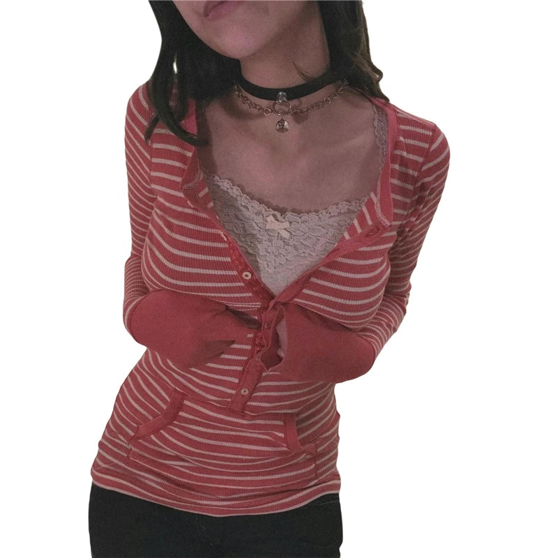 Stripe T Shirts for Women Button V Neck Long Sleeve Tops with Pocket y2k 2000s Fairy Grunge Clothes Vintage Streetwear