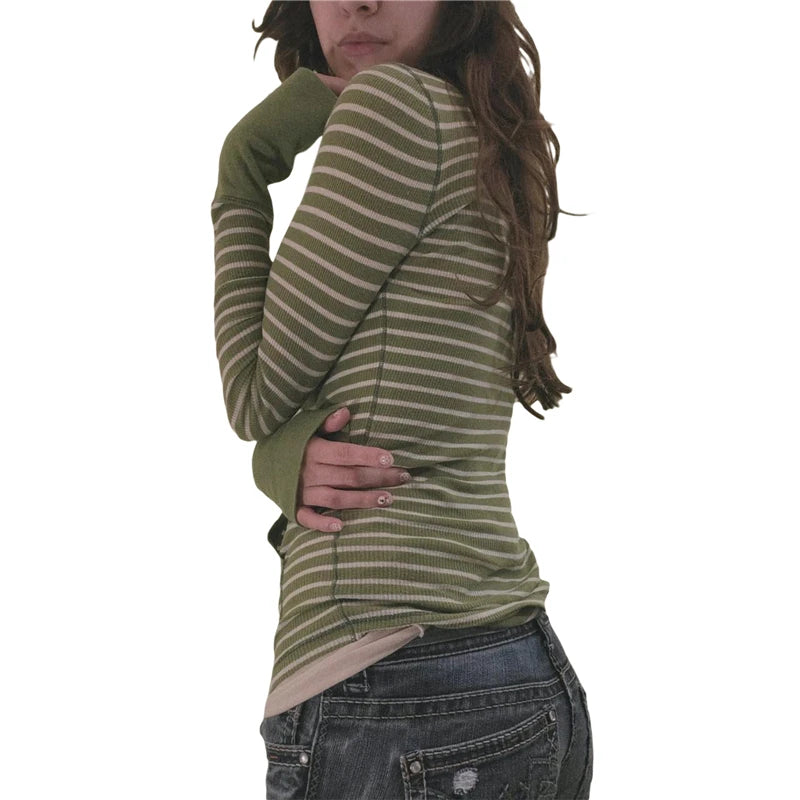 Stripe T Shirts for Women Button V Neck Long Sleeve Tops with Pocket y2k 2000s Fairy Grunge Clothes Vintage Streetwear