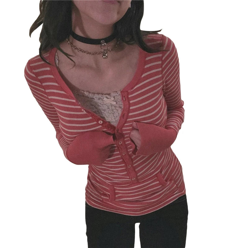 Stripe T Shirts for Women Button V Neck Long Sleeve Tops with Pocket y2k 2000s Fairy Grunge Clothes Vintage Streetwear
