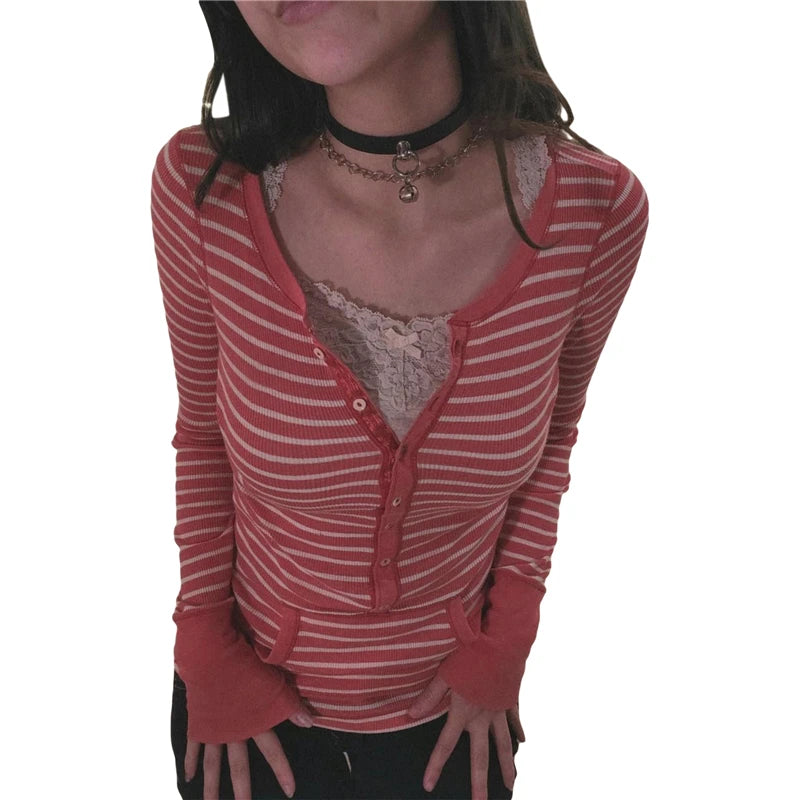 Stripe T Shirts for Women Button V Neck Long Sleeve Tops with Pocket y2k 2000s Fairy Grunge Clothes Vintage Streetwear