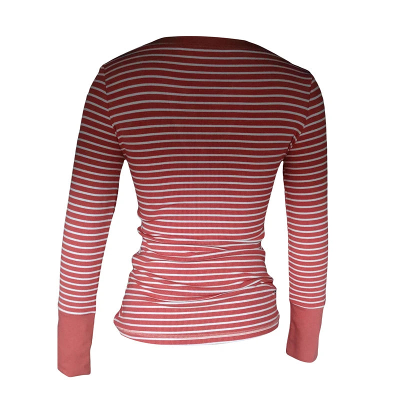 Stripe T Shirts for Women Button V Neck Long Sleeve Tops with Pocket y2k 2000s Fairy Grunge Clothes Vintage Streetwear