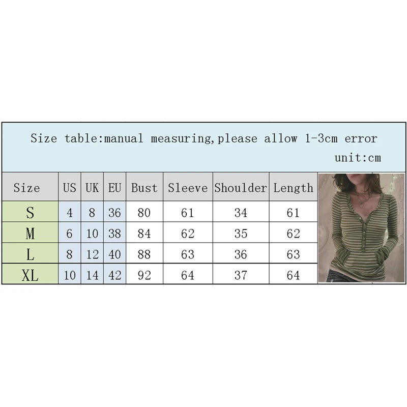 Stripe T Shirts for Women Button V Neck Long Sleeve Tops with Pocket y2k 2000s Fairy Grunge Clothes Vintage Streetwear