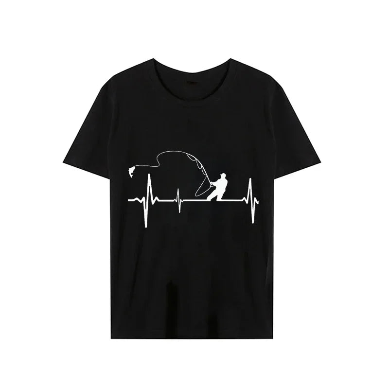 T-shirts for Men Fly Fishing Heartbeat Pulse Print Shirt Funny Short Sleeve T Shirts Summer Tops Tee Mens T Shirt Male Clothes