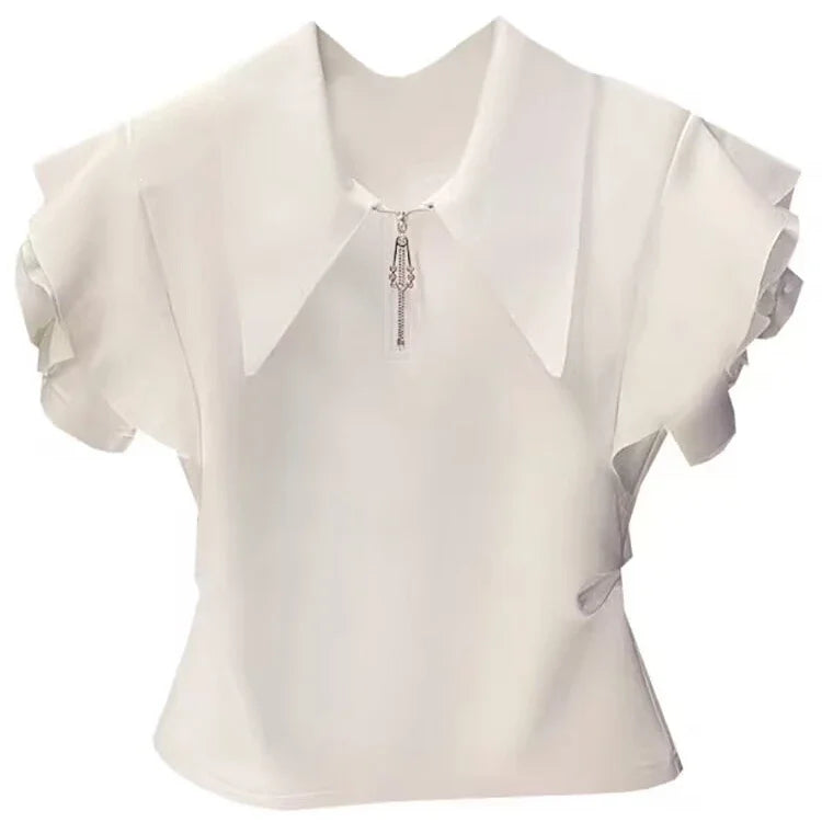 2025 Shirts for Women Ruffles Turn Down Collar Tshirt Fashion Temperament Party Zipper Y2K Tops Korean Summer White Pleated Tees