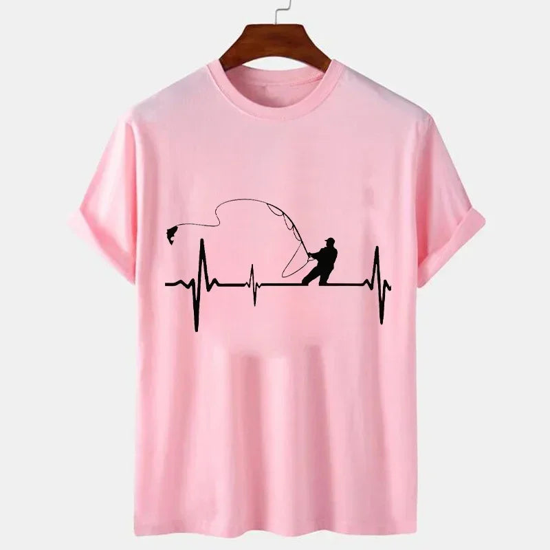 T-shirts for Men Fly Fishing Heartbeat Pulse Print Shirt Funny Short Sleeve T Shirts Summer Tops Tee Mens T Shirt Male Clothes
