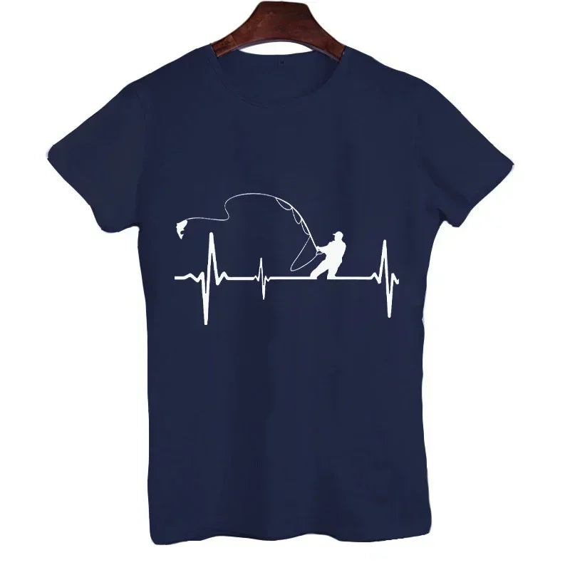T-shirts for Men Fly Fishing Heartbeat Pulse Print Shirt Funny Short Sleeve T Shirts Summer Tops Tee Mens T Shirt Male Clothes