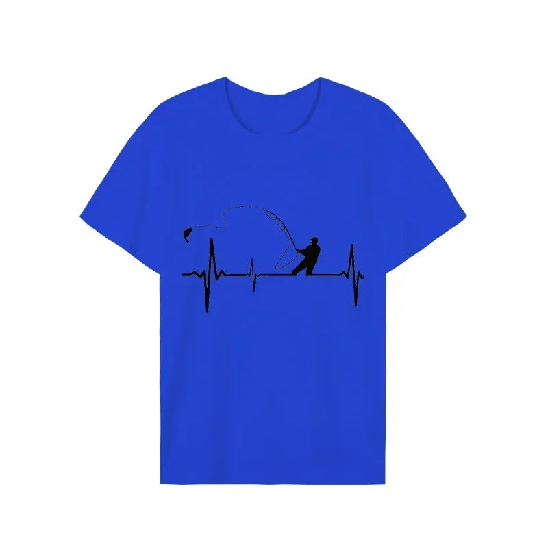 T-shirts for Men Fly Fishing Heartbeat Pulse Print Shirt Funny Short Sleeve T Shirts Summer Tops Tee Mens T Shirt Male Clothes