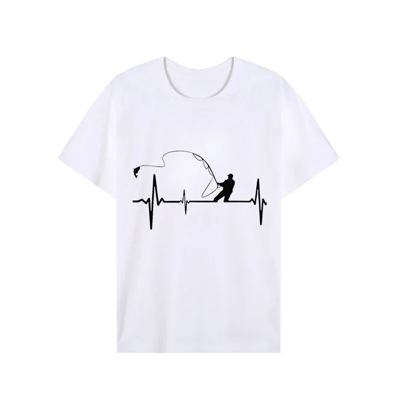 T-shirts for Men Fly Fishing Heartbeat Pulse Print Shirt Funny Short Sleeve T Shirts Summer Tops Tee Mens T Shirt Male Clothes