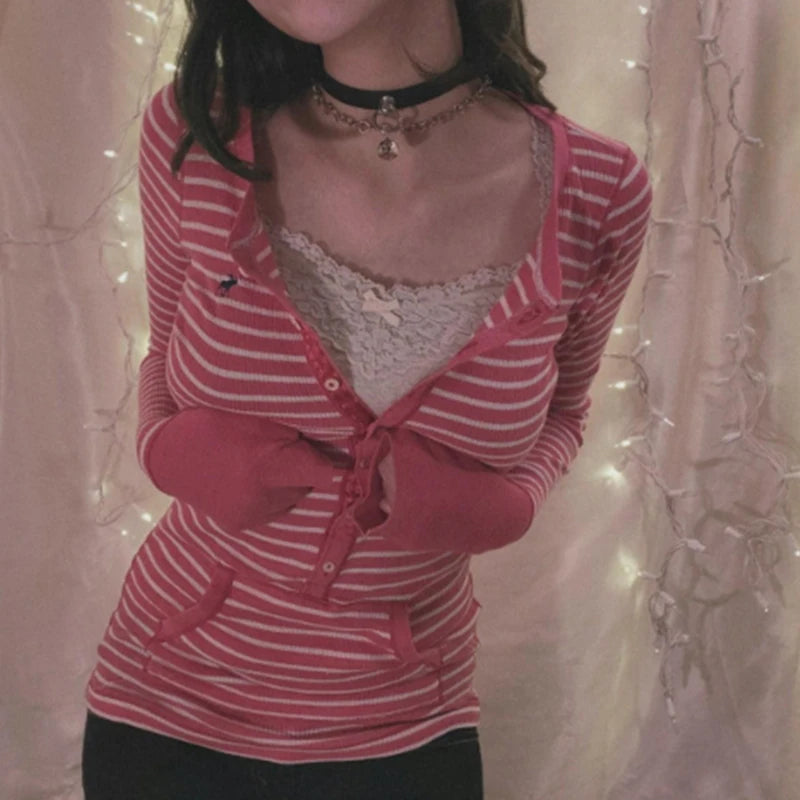 Stripe T Shirts for Women Button V Neck Long Sleeve Tops with Pocket y2k 2000s Fairy Grunge Clothes Vintage Streetwear