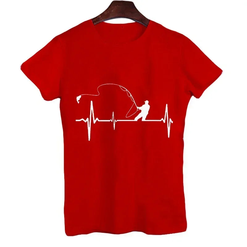 T-shirts for Men Fly Fishing Heartbeat Pulse Print Shirt Funny Short Sleeve T Shirts Summer Tops Tee Mens T Shirt Male Clothes