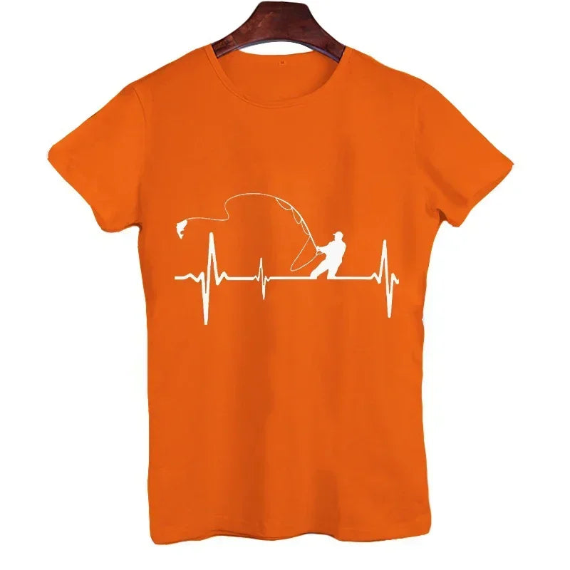 T-shirts for Men Fly Fishing Heartbeat Pulse Print Shirt Funny Short Sleeve T Shirts Summer Tops Tee Mens T Shirt Male Clothes