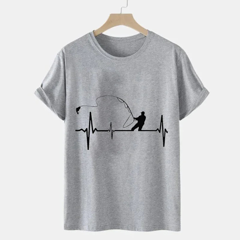 T-shirts for Men Fly Fishing Heartbeat Pulse Print Shirt Funny Short Sleeve T Shirts Summer Tops Tee Mens T Shirt Male Clothes